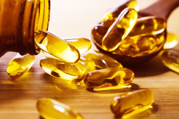 Fish oil capsules in a container