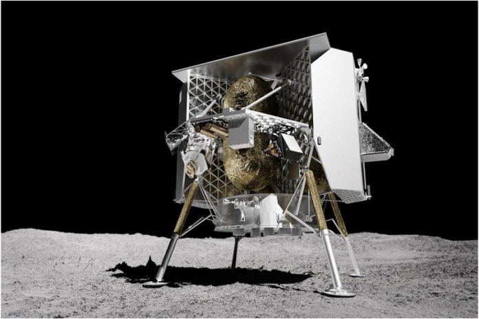Peregrine Lander's descent onto the Moon's surface - a historic moment in space exploration.